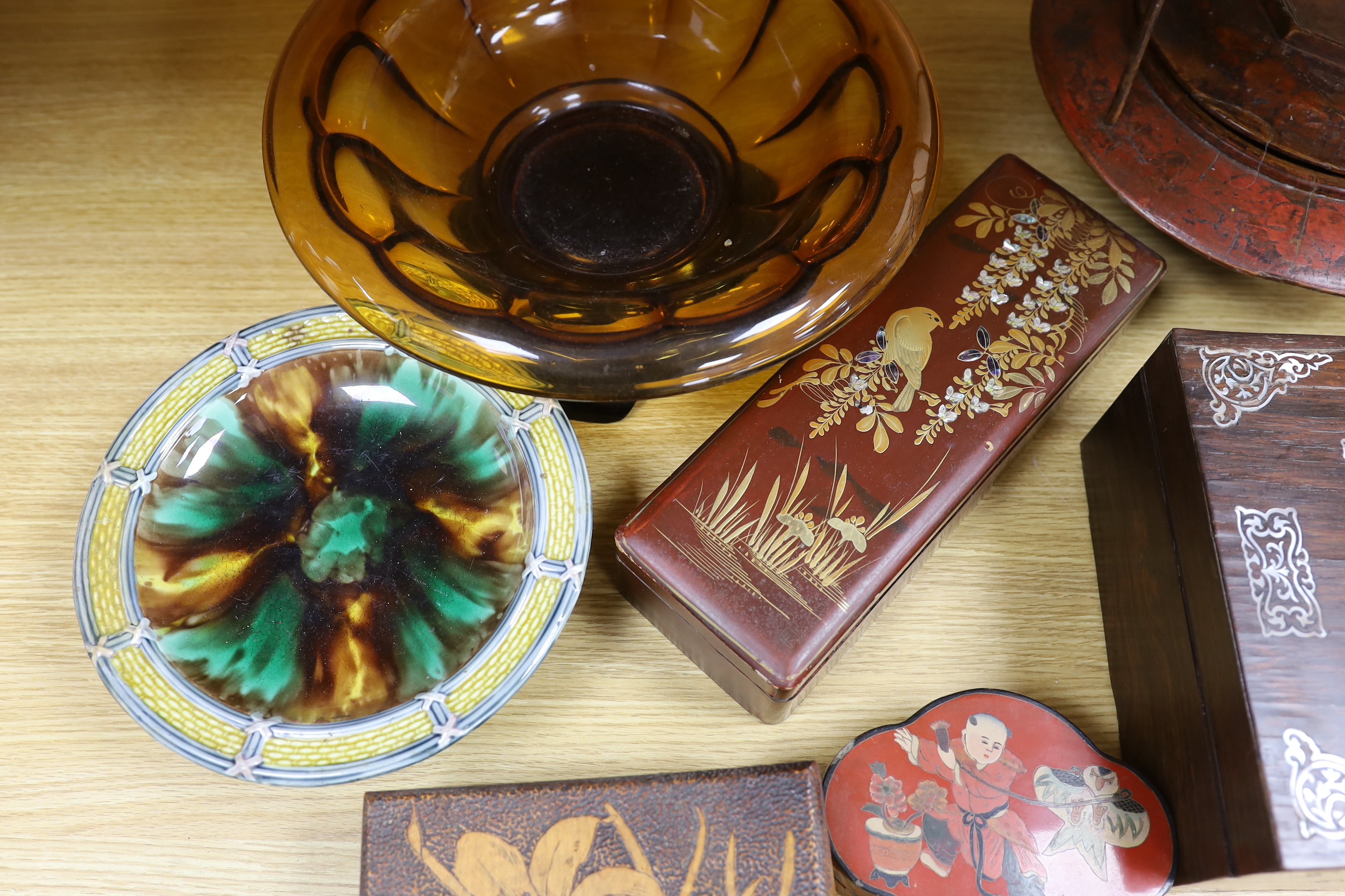 A Victorian mother of pearl inlaid rosewood box, glass pedestal bowl, Wedgwood majolica pedestal dish and various lacquer wares